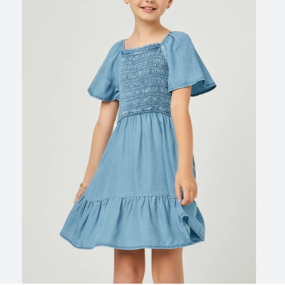 Hayden girls Smocked Bodice Tencel Dress Sz. L (10/12) blue Flutter sleeve